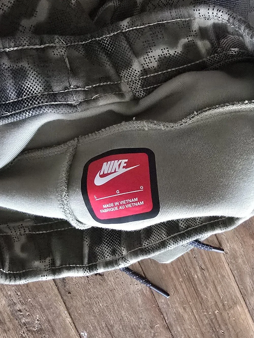 Nike Fleece Tech Olive Green Camouflage Joggers with Red Logo Patch